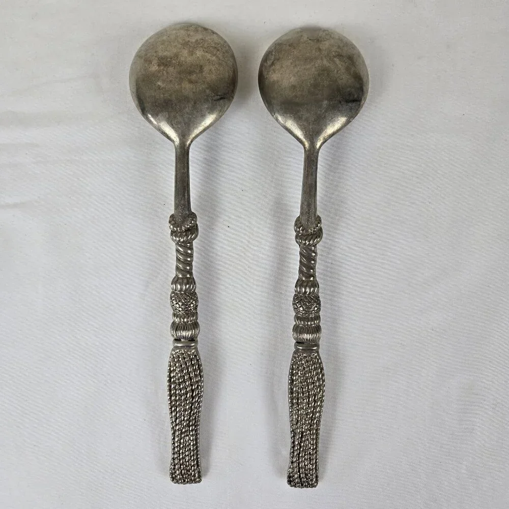 Vintage Silea Silver Plate Salad Servers Tassel Look Handles Heavy Weight